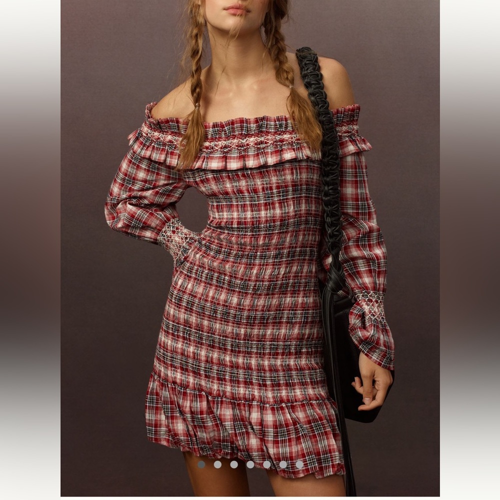 Anthropologie Dress Pilcro Smocked Plaid Mini Red Blue Western SIZE XXS NEW